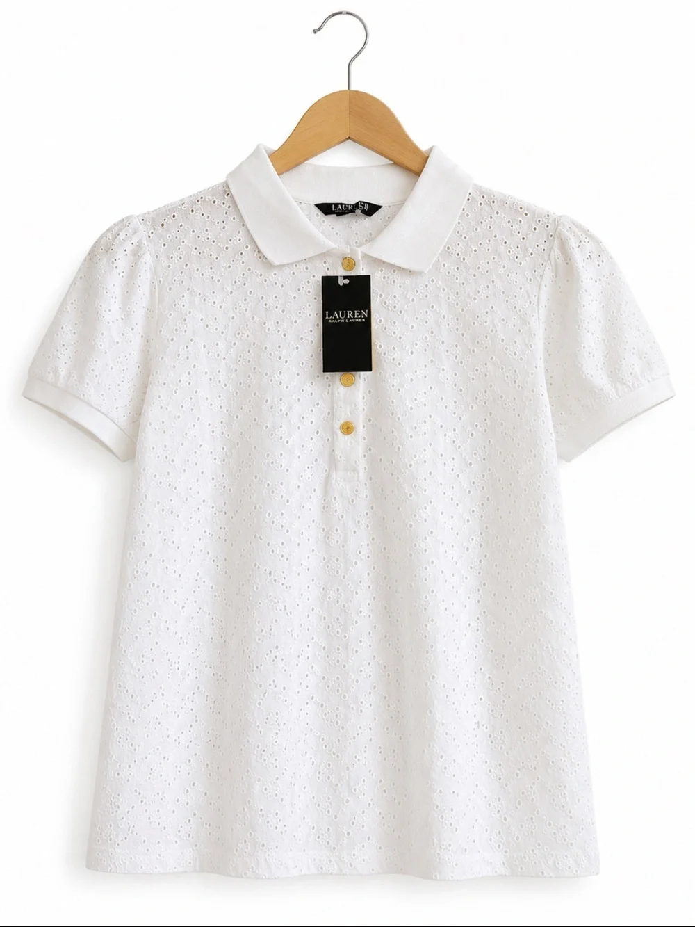 NWT Lauren Ralph Lauren White Cotton Eyelet Polo Top Puff Sleeve M